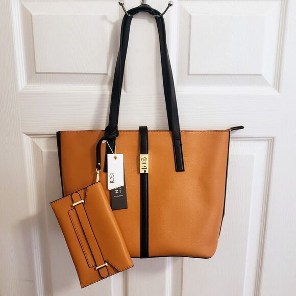 Isabelle Vegan NWT - Handbag Satchel Purse w/ Clutch  - Tan & Black - Picture 2 of 8